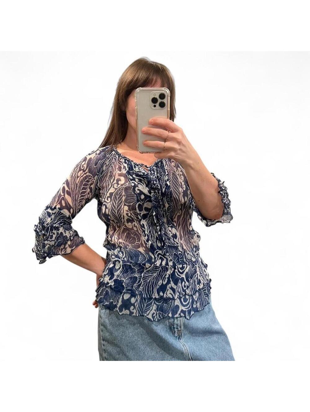 Vintage Y2K Sheer Floral Ruffle Top Blue Boho